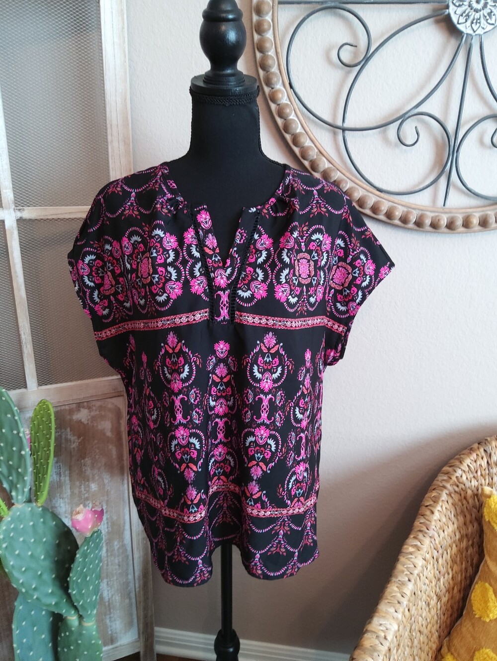 Valerie Stevens Black Tunic with Pink Floral Medallion Print